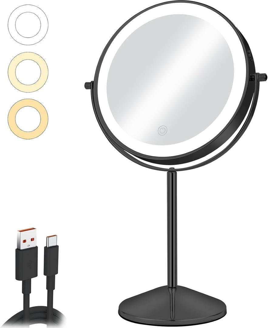 8" Vanity Mirror with Lights Rechargeable, 1X/10X Magnifying Makeup Mirror with Touch Screen, 54 LED Adjustable Brightness, 3 Color Modes, 360 Rotation for Tabletop & Bedroom
