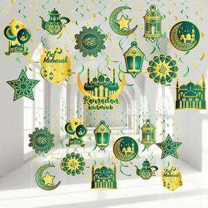 Zonon 30 Pieces Ramadan Mubarak Decorations, Eid Mubarak Hanging Swirl Shining Gold Star Moon Lantern Ceiling Foil Decor for Eid Al-fitr Party Egyptian Holiday Supplies(Dark Green and Gold)