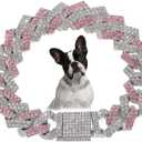 Pink Dog Necklace, Bling Diamond Cuban Link Dog Collars Glitter Rhinestone Puppy Chain for Small Medium Large Pet Dogs, 16-Inch