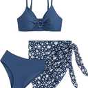 COZYEASE Girls' 3 Piece Bikini Set Ditsy Floral Print Wireless Swimsuit with Beach Skirt (Navy BLue, Teen 10-11Y)