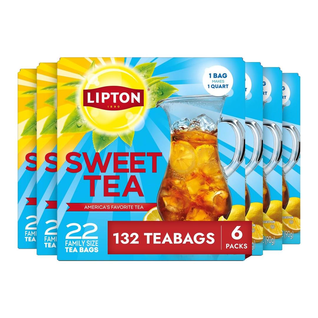Lipton Southern Sweet Iced Tea Bags, Family Size, 132 Total Bags | Southern Sweet Iced Tea Bags (22ct - Pack of 6) Black tea leaves plus the perfect amount of sweetness (EXP 12/31/26)