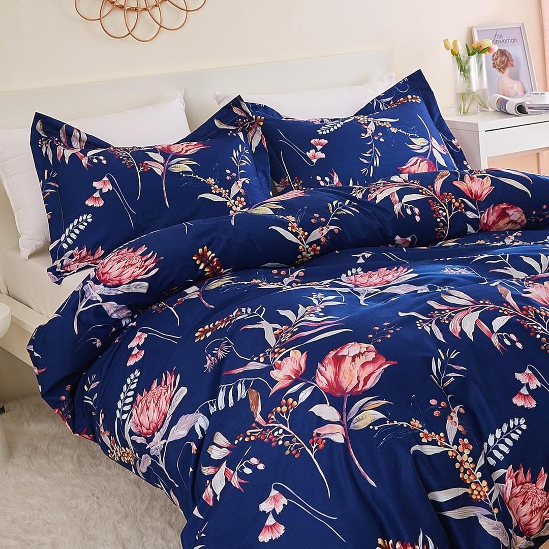 JSD Navy Blue Floral Duvet Cover Set King Size, 3 Piece Soft Printed Microfiber Comforter Cover Zipper Closure