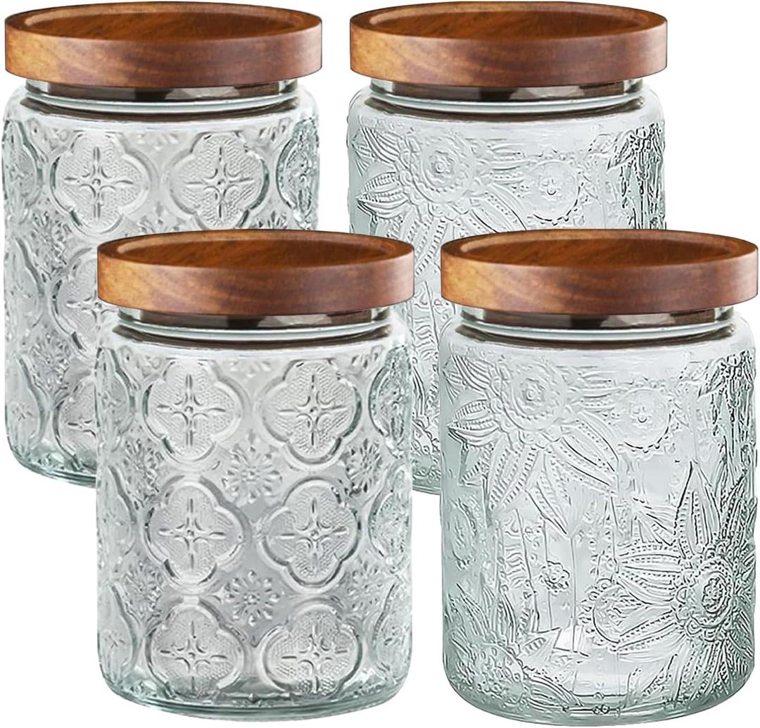 4-Pack 24 OZ Vintage Glass Jar with Lid, Airtight Food Storage Canisters with Bamboo for Kitchen Counter Pantry, Ideal for Coffee, Candy, Tea, Oats, Sugar, Cookies Decorative Jars (24oz-2Sunflower+2Begonia)