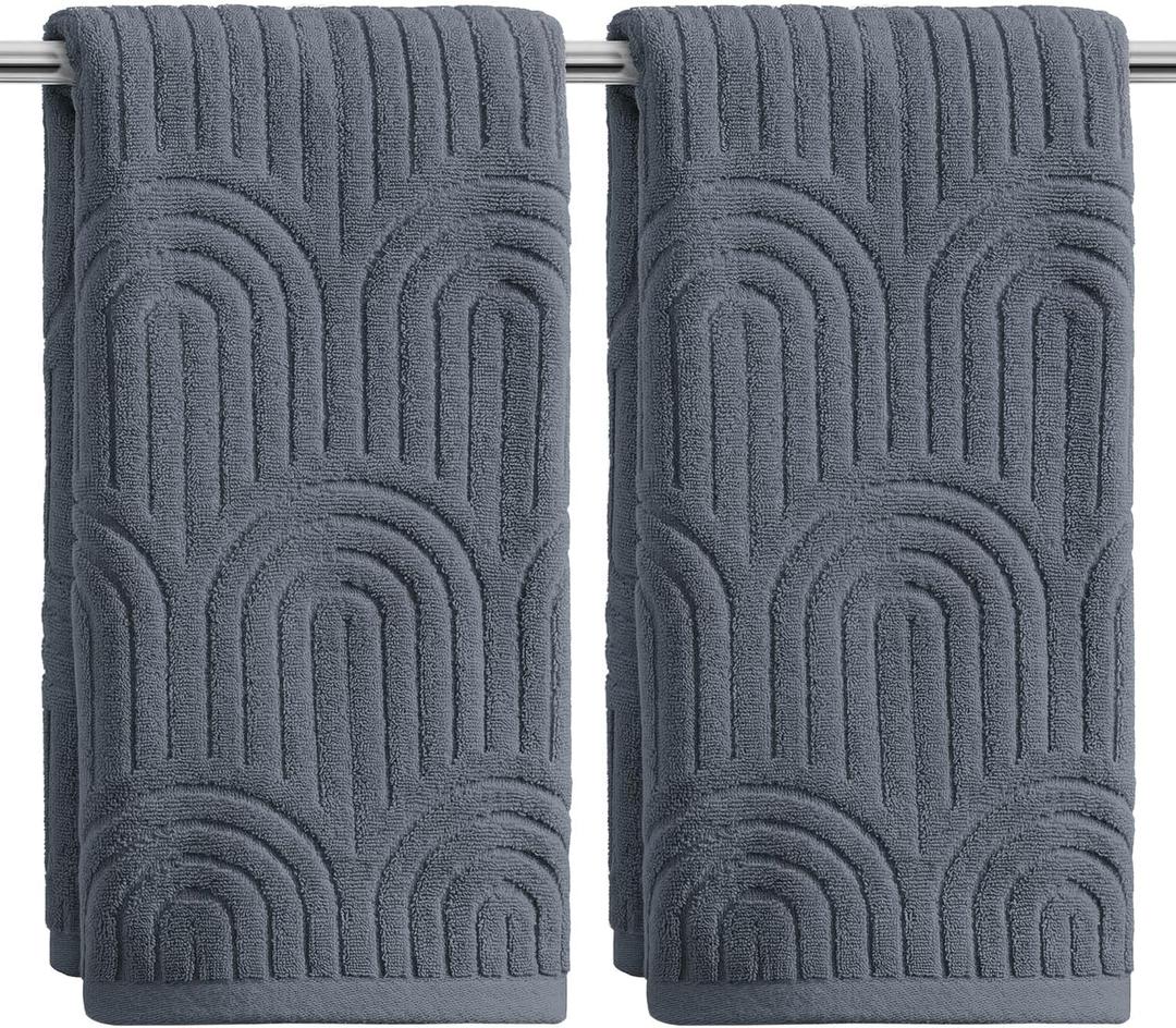 Artoid Mode 2 Pcs Grey 3D Arched Stripes Jacquard Hand Towels for Bathroom, 100% Cotton Soft Absorbent Bathroom Decor Towels, 13.7 x 29.5 Inch