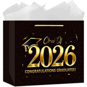 HZRNNA Black and Gold 2026 Graduation Gift Bag, Large Congrats Grad Gift Bag with Card and Tissue Paper, Graduation Gift Wrap Bag for Class of 2026, Congrats Grad Party Decorations, 3 count