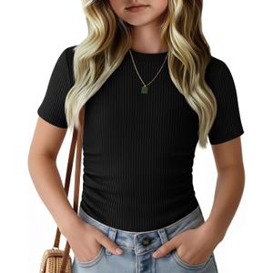 Girls Short Sleeve Ribbed Knit Shirts | Ruched Top, Slim Fit, Casual Crewneck, Basic Tee, Summer, Back to School (Black)