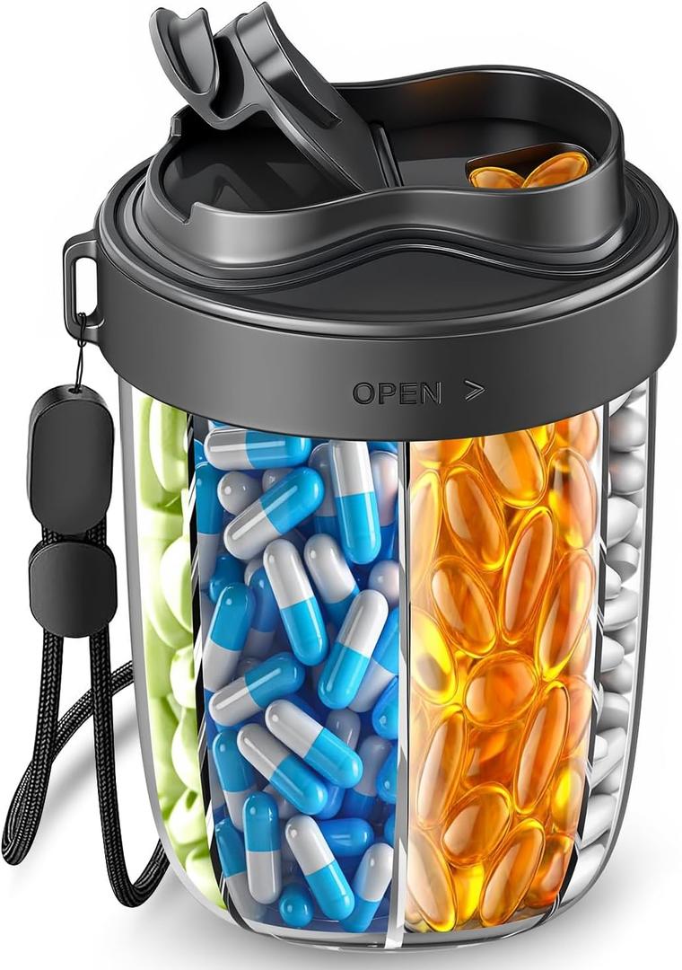 Large Pill Organizer with 7 Large Compartments - Portable Pill Dispenser for Travel, Anti-Mix Design & Wide Opening Design, Easy Access to Vitamin Dispenser, Includes 20 Blank Stickers (Black)