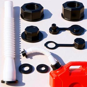 Black Gas Can Spout Replacement, 1/2/5/10 Gallon Gas Can Nozzle Kit, include 2 Different Size Screw Collar Caps, Gas Can Vent Caps, Base Caps, Thick Rubber pad and Spout Cover