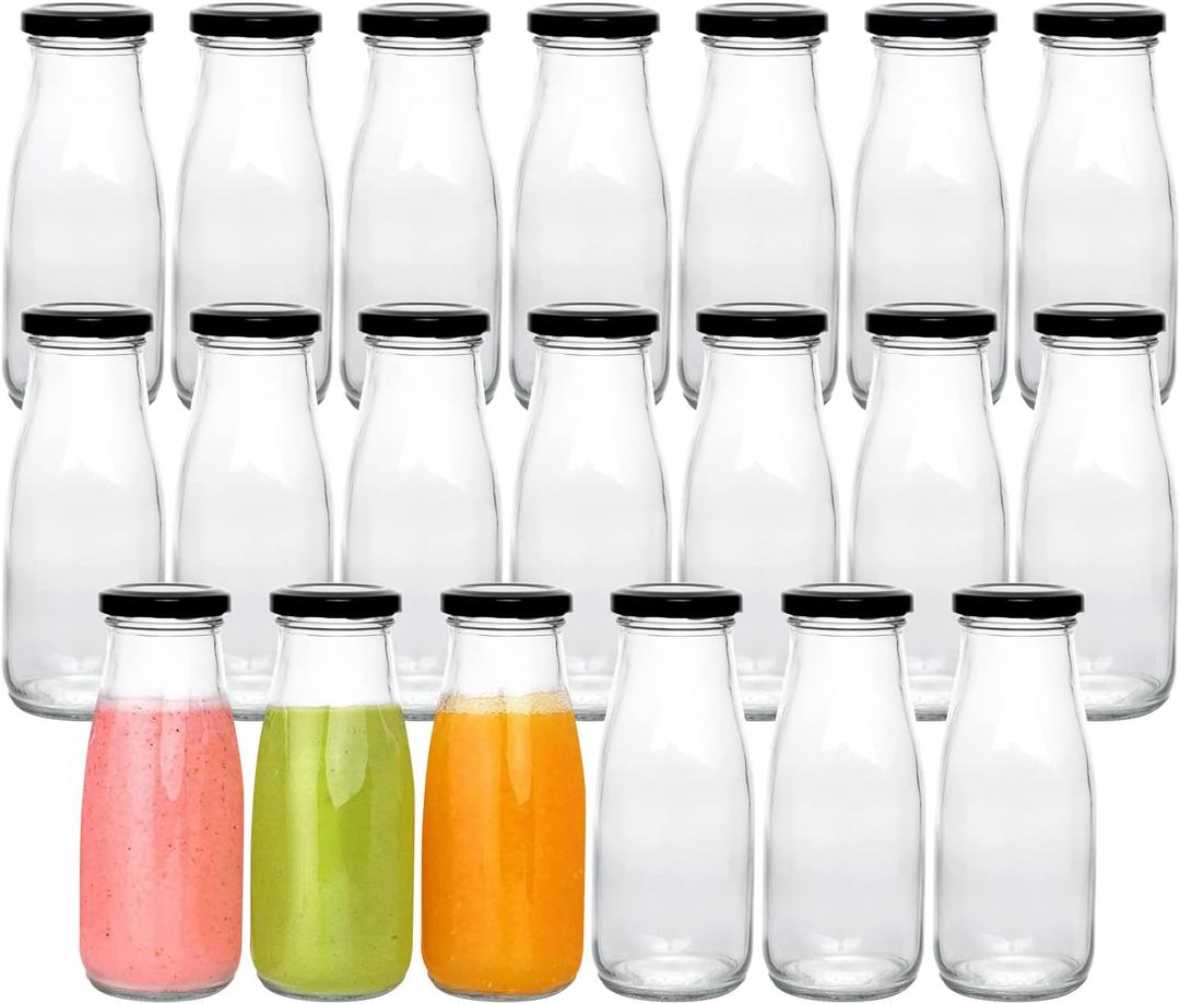 QAPPDA 12 oz Glass Bottles, Clear Glass Milk Bottles with Black Metal Airtight Lids, Vintage Breakfast Shake Container, Vintage Drinking Bottle with Whiteboard Labels and Pen for Party, Kids, Set of 20