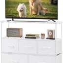 DUMOS TV Stand, Dresser with 5 Fabric Storage Drawers, Media Console Featuring Open Shelf for TV, Compact Entertainment Unit for Bedroom, Living Space, or Dorm Organization, White, 39.4"D x 11.8"W x 31.5"H