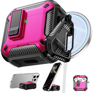 RFUNGUANGO Compatible with AirPods 4 Case,Magnetic Automatic Lock with Phone Holder & Cleaning Kit,Compatible with Magsafe, Back Magnetic Charging, Black-Rose Red