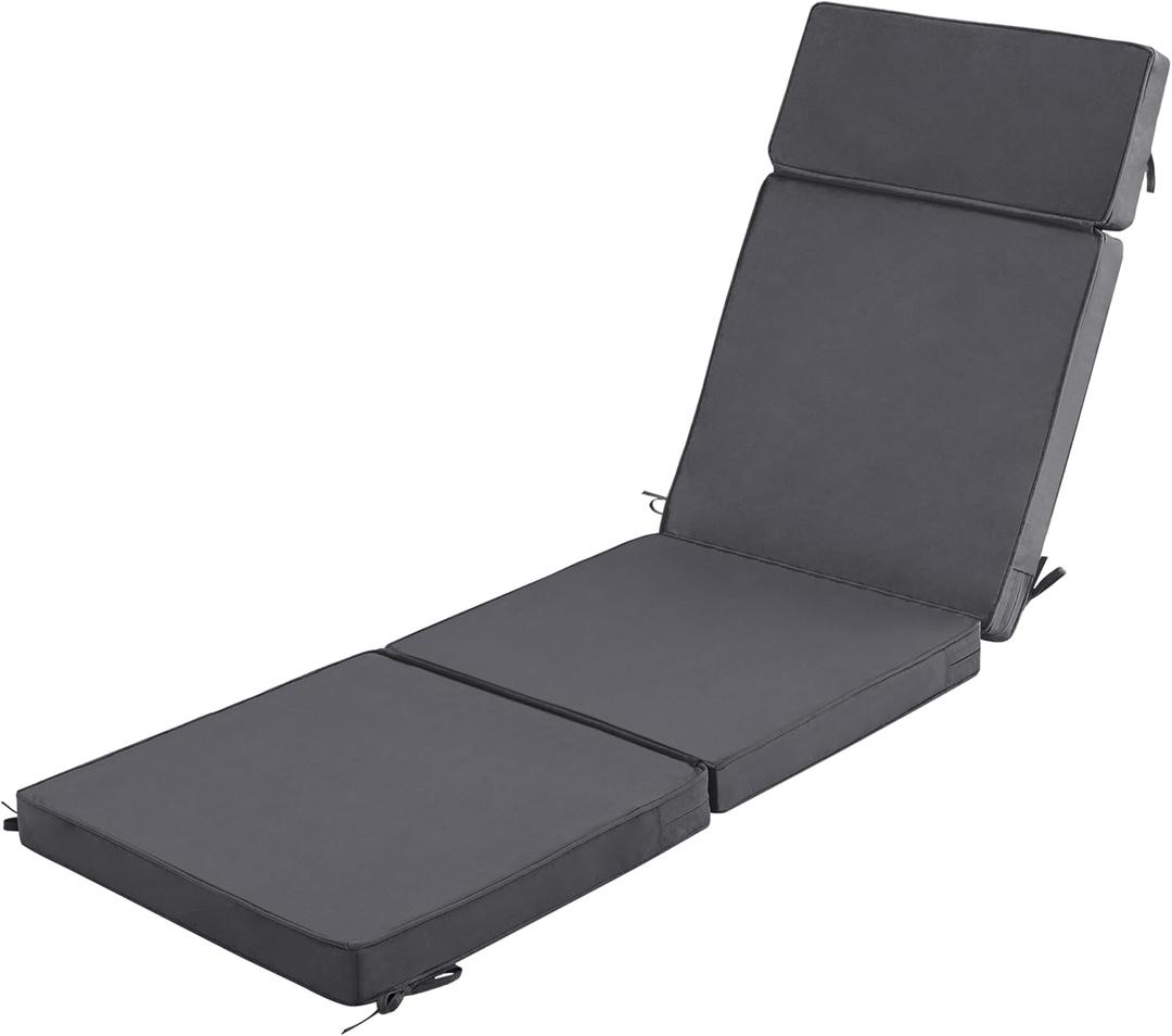 80 x 26 Inch Outdoor Chaise Lounge Cushion - Removable Cover, 4-Section Design, Water-Repellent & Fade-Resistant, 6 Tie Straps, Replacement for Patio & Pool Chairs - Dark Grey