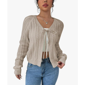 GORGLITTER Women's White Cropped Cardigan Tie Front Cardigan Cable Knit Sweater, Size S