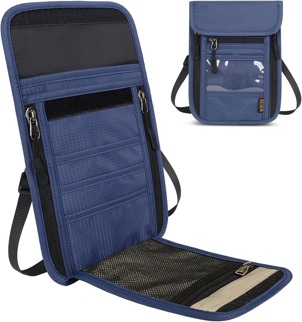 Travel Neck Wallet RFID Blocking  Hidden Passport Holder & Anti-Theft Money Pouch for Men & Women, Lightweight Concealed Undergarment Organizer with Adjustable Strap, Secure Document Holder (Dark Blue)