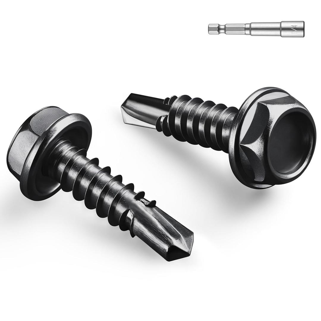 #8 x 3/4 Inch Self Drilling Screws, (192pcs) 1 lbs Black Self Tapping Screws for Metal, 410 Stainless Steel Hex Washer Head Sheet Metal Screw
