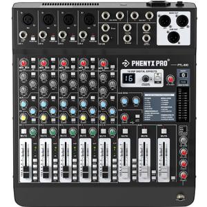 Professional 6-Channel Audio Mixer, Phenyx Pro DJ Sound Mixer Board w/Flexible AUX, BUS, SUB Routing, 16 DSP, BT Streaming & USB-B PC Recording, Mixing Console for Stage, Home Studio (PTL-600)