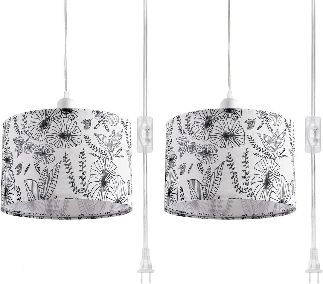 2 Pack Plug in Pendant Light, Hanging Light with 15Ft Clear Cord, On/Off Switch, Flower Fabric Lamp Shade, Hanging Light Fixture for Bedroom, Kitchen, Living Room, Dining Table