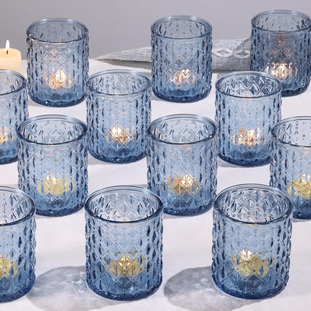 12Pcs Large Votive Candle Holders 2.8 * 3.2in Blue Tea Light Candle Holders Glass Candle Holder for Wedding, Bridal Shower, Table Centerpiece, Party, Home Decor