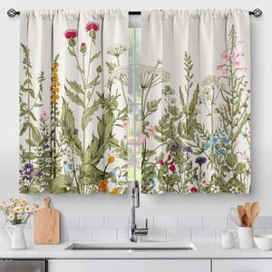 Aimego Floral Rustic Plant Kitchen Curtains - Spring Flower Botanical Farmhouse Country Green Leaves Small Cafe Short Tier Curtains for Bathroom Rod Pocket Window Drapes 24 Inch Length 2 Panels Set