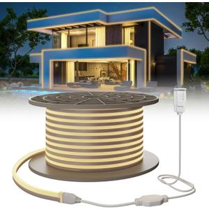SUCIKORIO Neon Led Strip Lights 50ft / 15m Warm White 3000K Waterproof IP65 Flexible LED Light Strip AC 110-120V Led Lights for Bedroom, Indoor & Outdoor, Power Adapter Included
