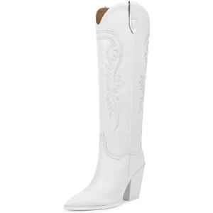 ISNOM Women's Cowgirl Boots Pull On Knee High Boots, Cowboy Western Embroidered Chunky Block Heel Pointed Toes Boots (White), US 8