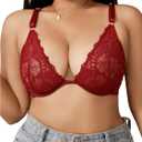 MakeMeChic Women's Plus Size Bra Floral Lace Spaghetti Strap Underwire Push Up Bralette (3X-Large Plus, Burgundy)