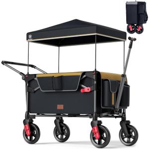 EVER ADVANCED Ultra-Compact Wagon for 2 Kids, Travel Foldable Push Pull Wagon Stroller with Removable Canopy, Adjustable Handles & Harnesses, Black Yellow