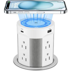 Pop Up Outlet for Countertop, 15W Wireless Charger PD 45W, 2 USB-A & 2 USB-C & 8AC Outlets 15A Tamper Resistant, 4-inch Island Kitchen Pop Out
