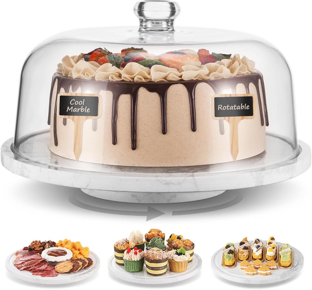 Rotatable Marble Cake Stand with Dome360 Rotating Cake Stand with Lid11.8in30cm Stone Lazy Susan with Acrylic LidTurnable Cheese Pie Dessert Display StandRevolving Serving Platter with Cover