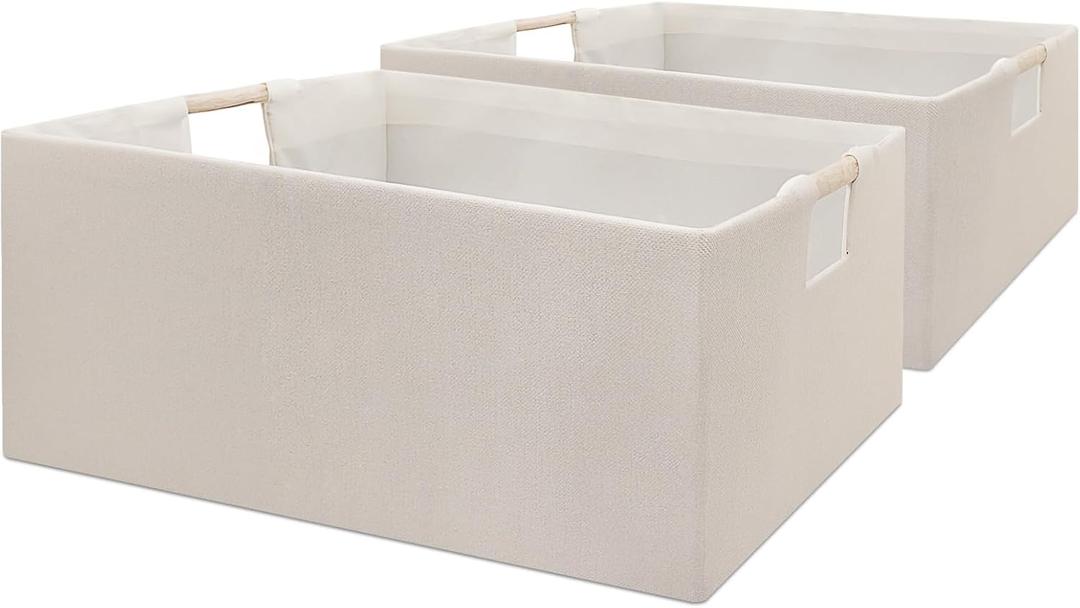 Foldable Fabric Storage Cubes, 2 Packs Cloth Storage Baskets with Wooden Handles, Collapsible Shelf Closet Organizer Bins, Rectangular Storage Boxes for Decor (Beige)