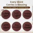 Housewarming Gifts for New Home: Farmhouse Wood Coaster Set for Coffee Table Decor - First Coffee/New Beginning/Forever Home/Grow Here/Breathe Here/Belong Here (Brown)