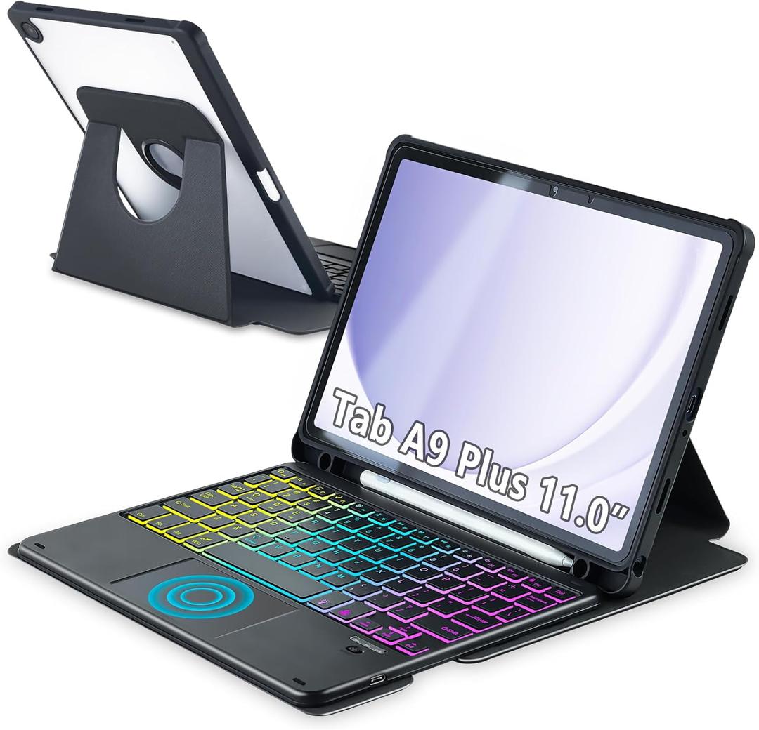 Touchpad Keyboard Case for Samsung Galaxy Tab A9 Plus 11 inch SM-X210/X215/X216, 360 Degree Rotating Cover with Color Backlight Magnetic Removable Keyboard for Tablet A9+ (Black)