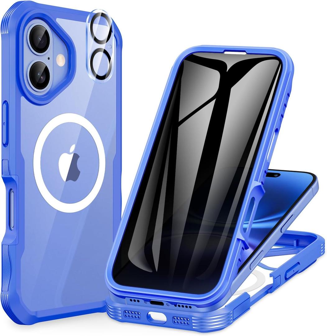 CENHUFO Magnetic Privacy for iPhone 16 Plus Case [Compatible with Magsafe] Full Body Phone Case Built-in 9H Tempered Glass Privacy Screen Protector and Camera Lens Cover, Shockproof Bumper -Light blue