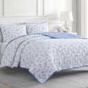 Martha Stewart 100% Cotton 3 Piece Reversible Quilt Set, Washed, Percale, Light Blue/White, 1 Quilt, 2 King Shams, Soft and Breathable, Lightweight, Ditsy Floral Printed Bedspread, King Size