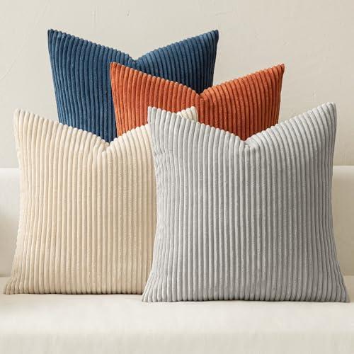 MIULEE Boho Farmhouse Throw Pillow Covers 18x18 Inch Set of 3 Summer Mordern Neutral Cushion Covers Soft Corduroy Nordic Home Decor for Couch Bed Sofa Living Room Blue-Yellow