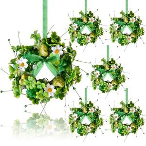 6 Pcs St. Patrick's Day Hanging Wreaths for Cabinets with Green Shamrock Clovers and Daisy Flower Artificial Mini Candle Rings Wreath for Home Kitchen Front Door Window Porch Wall Wedding Decor