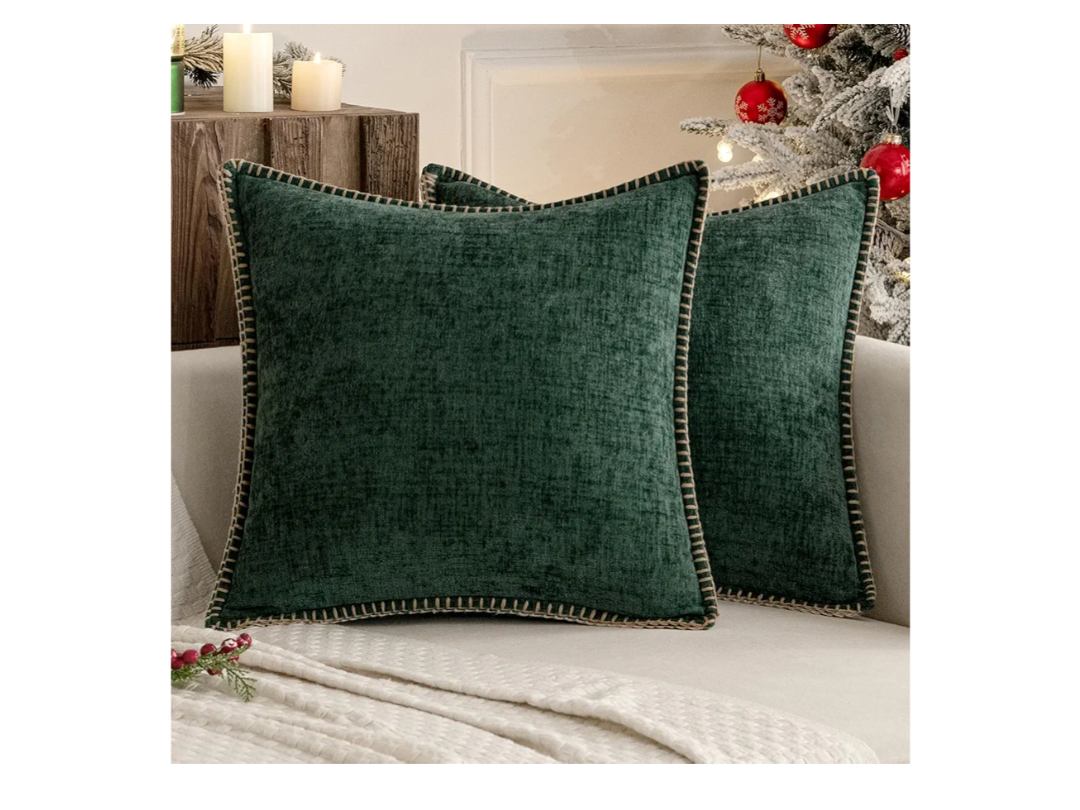 MIULEE Pack of 2 Christmas Pillow Covers 18x18 Inch Dark Green Farmhouse Decorative Throw Pillow Covers with Stitched Edge Soft Chenille Solid Dyed Couch Pillow Covers for Sofa Bed Living Room