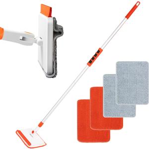 Qaestfy Wall & Baseboard Cleaner Mop Tool with 49'' Long Handle for Cleaning Window Floor Skirting Board Ceiling Bathtub Tub Tile Scrubber Brush Duster with 4 Reusable Pads (orange)
