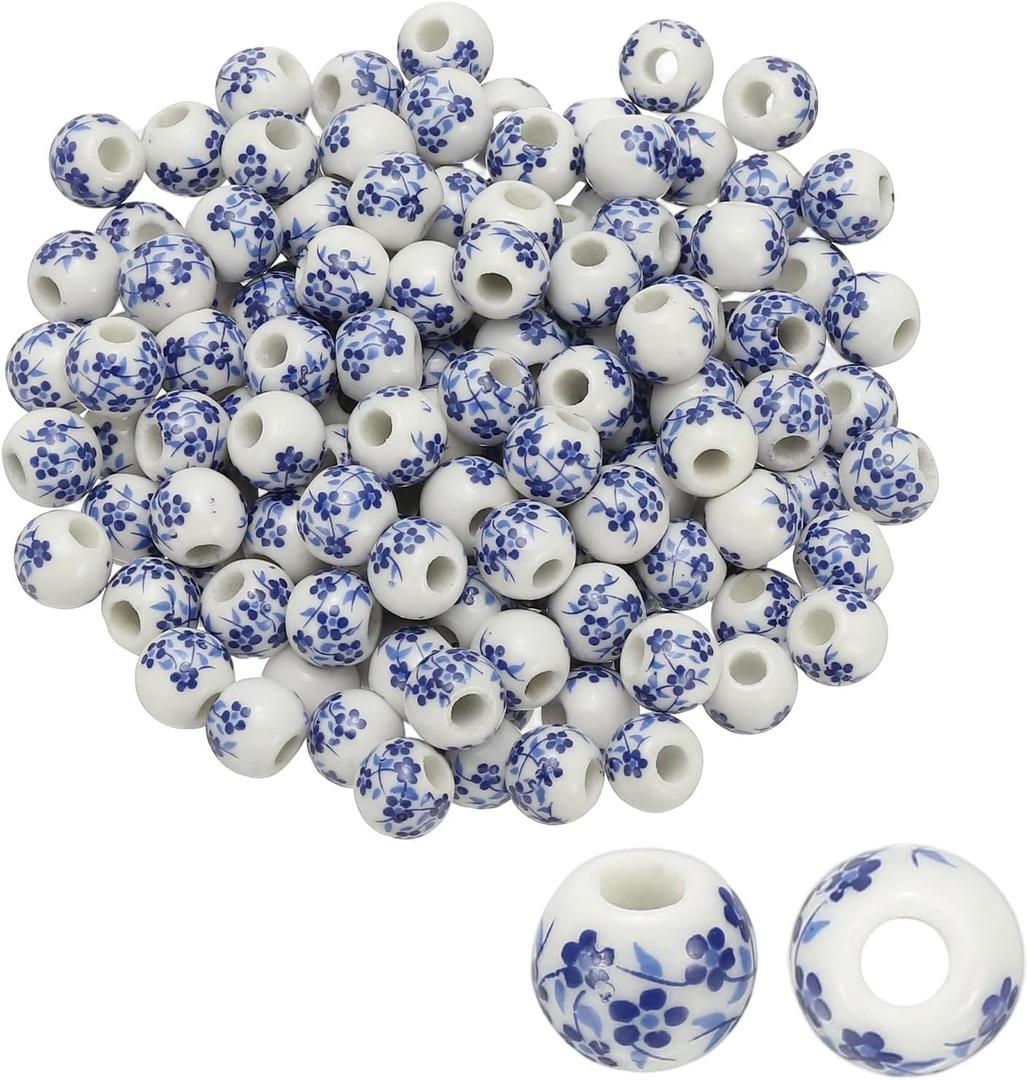 PATIKIL 150 Pcs Ceramic Beads for Jewelry Making, 8mm Flower Printed Round Porcelain Beads Handmade Glazing Beading Supplies for Earring Necklace Bracelets DIY Crafts, Cyan Orchid