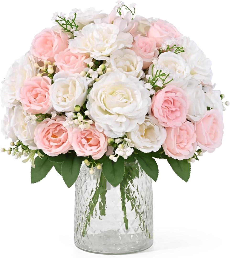 2 Bouquets Peonies Artificial Flowers, Mixed Pink & White