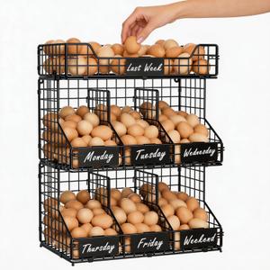 X-cosrack Egg Holder Countertop, 3 Tier Egg Rack with Labels Dividers to Separate Eggs, Stackable Wire Baskets for Fresh Egg, XXL Egg Dispenser for Countertop/Wall-Mounted (Patent Pending) (Black)