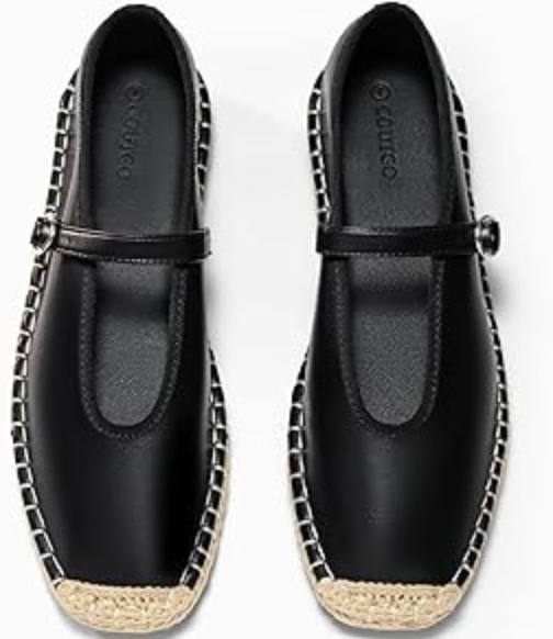 Coutgo Womens Espadrilles Mary Jane Flats Closed Sqaure Toe Ballet Flats Comfortable Dress Shoes, Black/PU, Size 7
