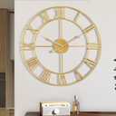 Large Wall Clock, Metal Retro Roman Numeral Clock, Modern Round Wall Clocks Almost Silent, Easy to Read for Living Room/Home/Kitchen/Bedroom/Office/School Decor (Gold, 16 Inch)