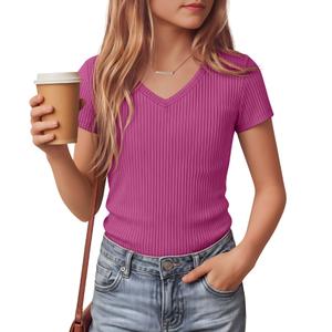 LessonZoo Girls Shirts Short Sleeve V Neck Ribbed Slim Fit Kids Tops Comfy Cute Summer Teen Girl Basic Tees(Rose Red,11-12 Years)