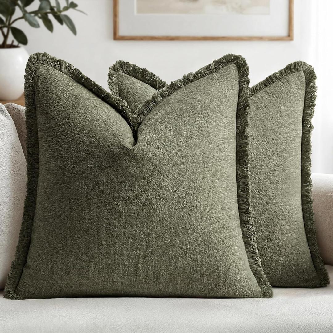 MIULEE Decorative Throw Pillow Covers Neutral Linen Fringe Throw Pillows Set of 2 Olive Green Boho Farmhouse Cushion Covers with Tassels for Couch Sofa Bed Living Room Spring Home Decor 18x18 Inch