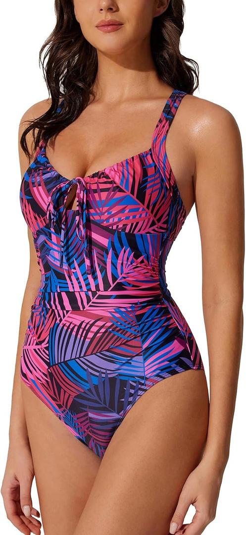 RXRXCOCO Women Tummy Control One Piece Swimsuit Cutout V-Neck Slimming Bathing Suit Tie Knot Ruched Swimwear (S)