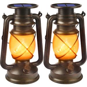Solar Lanterns Outdoor Waterproof,2 Pack Bronze Vintage Lanterns with Dancing Flame Led Hanging Lights Decor,Lamps for Porch Garden Yard Pathway Camping