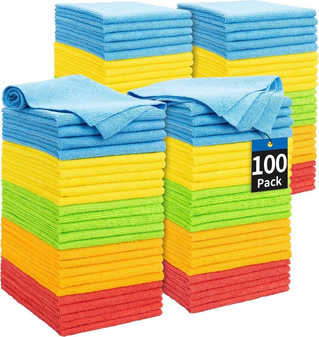 HOMERHYME Microfiber Cleaning Cloth, 100 Pack Cleaning Rags Microfiber Towel Bulk Absorbent Lint-Free Wash Cloths, All-Purpose Towels for Cars, Shop, Automotive, Garage, Home and Kitchen 11.5"*11.5" (Assorted)