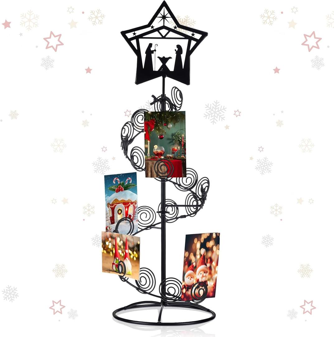 Metal Christmas Card Holder 19.6" Spiral Xmas Tree Gift Card Photo Picture Holder Stand with Nativity Star Topper Tabletop Display Decorative for Christmas Holiday Decor(Black,Elegant Style)