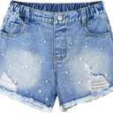 Girl's Pearl Denim Shorts Y2k Ripped Distressed Summer Jeans Shorts with Pocket